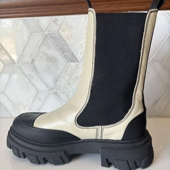 Ganni Size 38/8 Mid Tall White Combat Boot Pull On Chelsea Lug Sole Ankle Placid - Picture 3 of 9